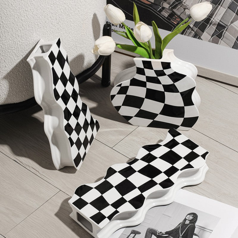 Wavy Checkerboard Ceramic Vase