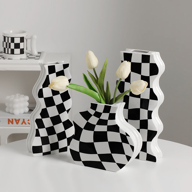 Wavy Checkerboard Ceramic Vase