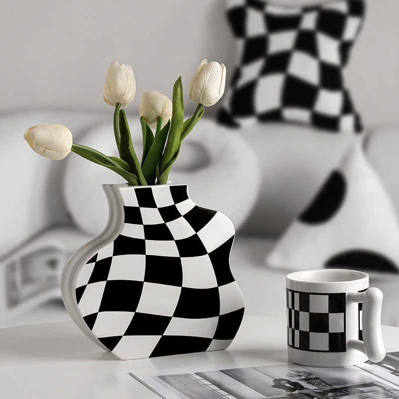 Wavy Checkerboard Ceramic Vase