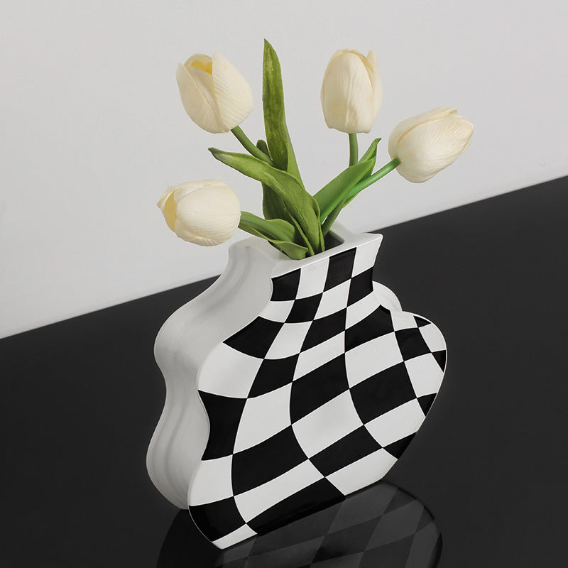Wavy Checkerboard Ceramic Vase